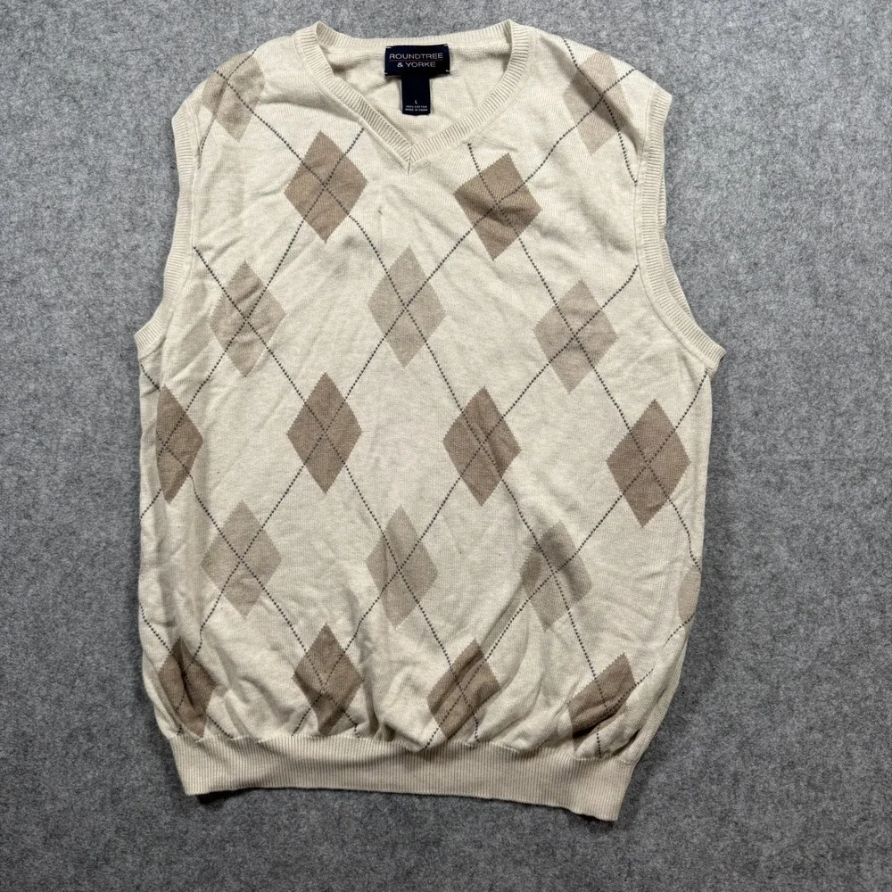 Roundtree & Yorke Argyle Sweater Vest Large Beige Cotton V-Neck